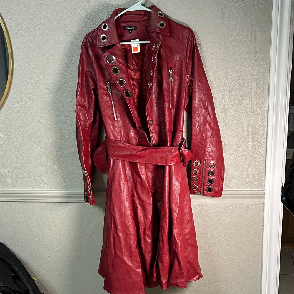 Elegant Red Leather Jacket with Eyelet Accents